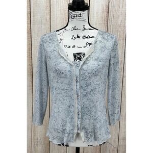J. Jill Sheer Floral Lace‎ Trim Button Front Cardigan Top Small Blue Long Sleeve